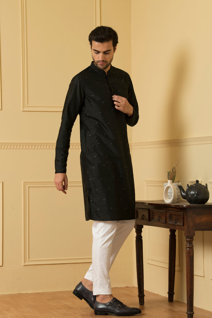 Men's Black Dot Embroidered Kurta