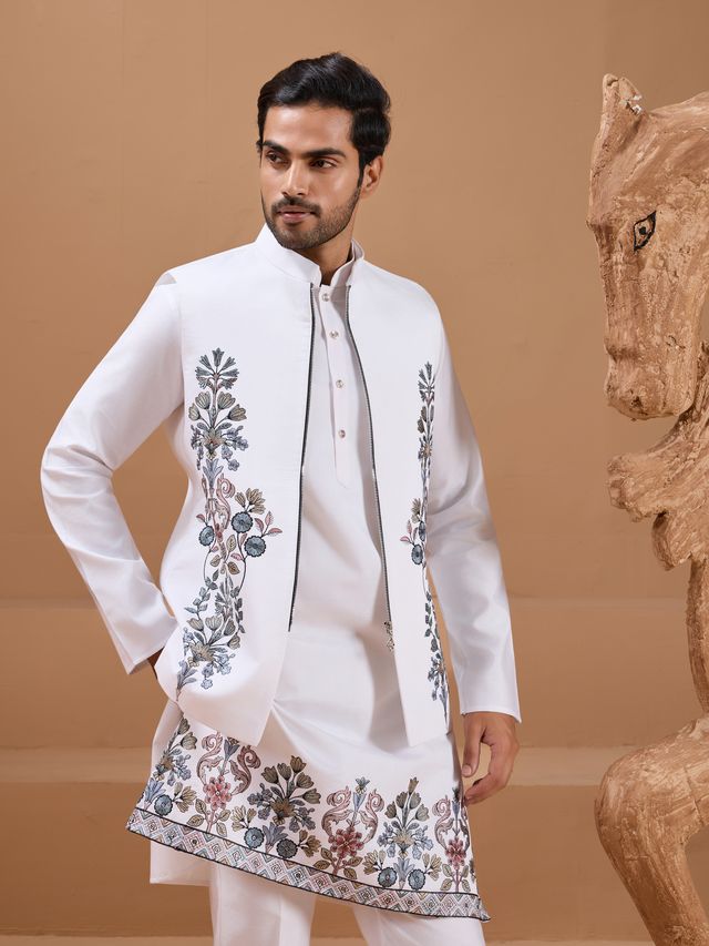 Men's White Viscose Silk Multi Thread With Sequence Embroidered Work Kurta Set