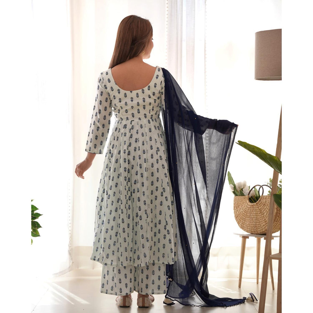 Women's White Handblock Anarkali Palazzo Set With Dupatta