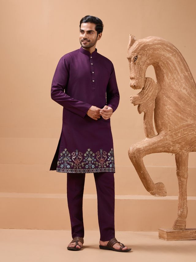 Men's Purple Viscose Silk Multi Thread With Sequence Embroidered Work Kurta Set