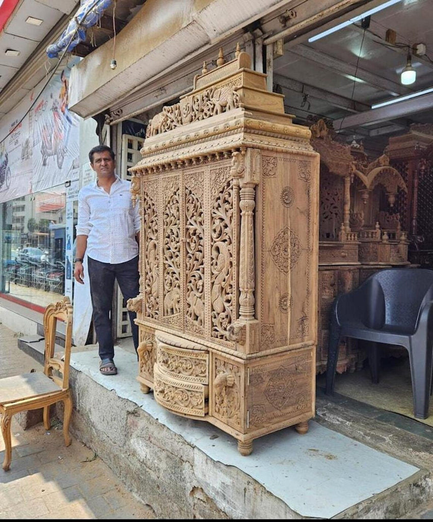 Handcarved Teakwood Temple Mandir, Customizable Home Pooja Cabinet