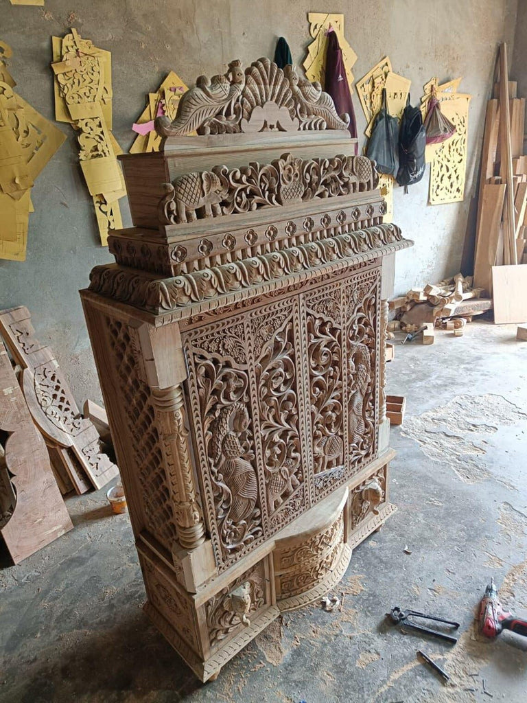 Handcarved Teakwood Temple Mandir, Customizable Home Pooja Cabinet