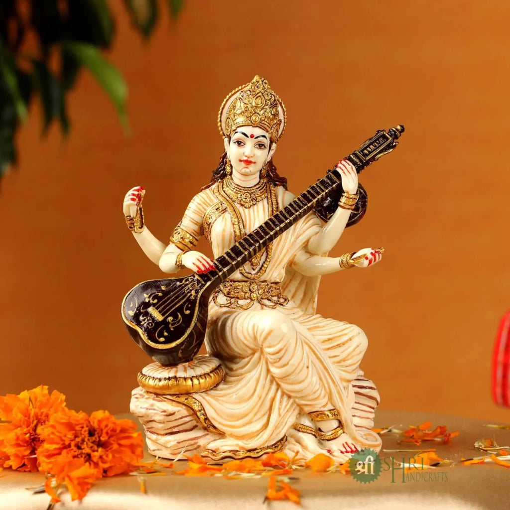 Marble Saraswati Idol: Handcrafted Hindu Goddess Statue, Puja Decor (5-Inch)