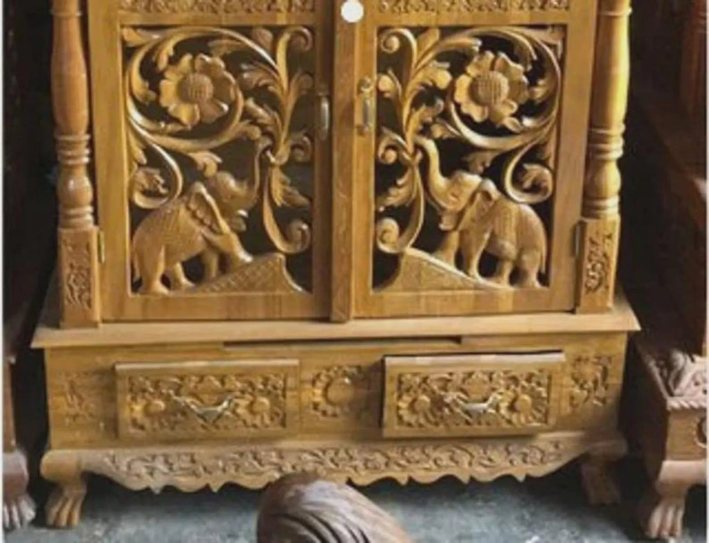 Handmade Teakwood Temple, Customizable Wooden Mandir with Carvings