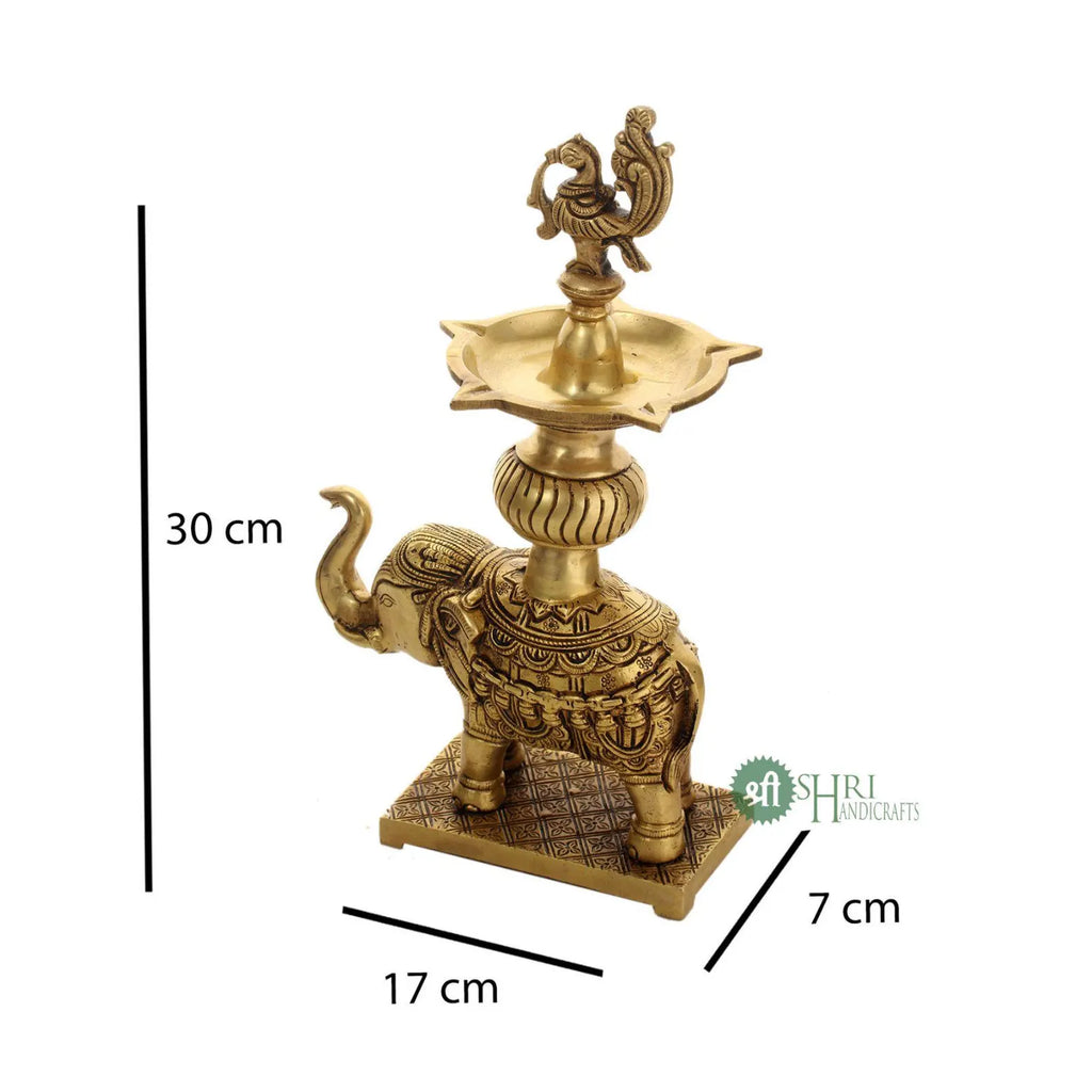 Handcrafted Brass Elephant Deepam with Peacock Top
