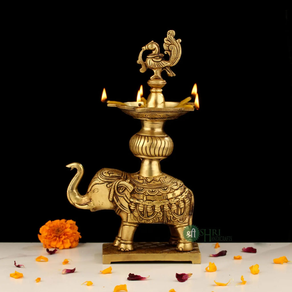 Handcrafted Brass Elephant Deepam with Peacock Top