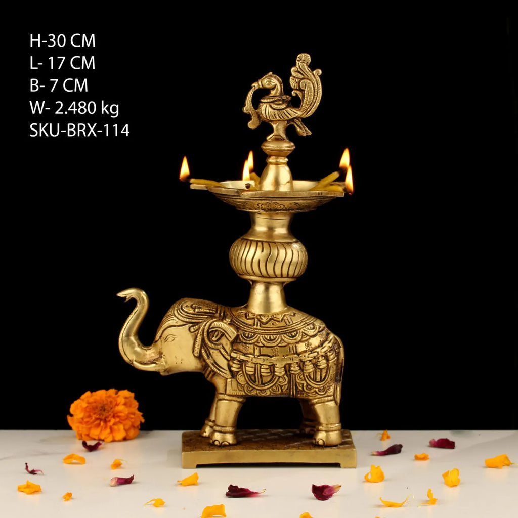 Handcrafted Brass Elephant Deepam with Peacock Top
