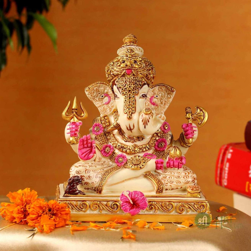 6″ Lord Ganesha (4 Hands) on Parvati Fine Painting Idol