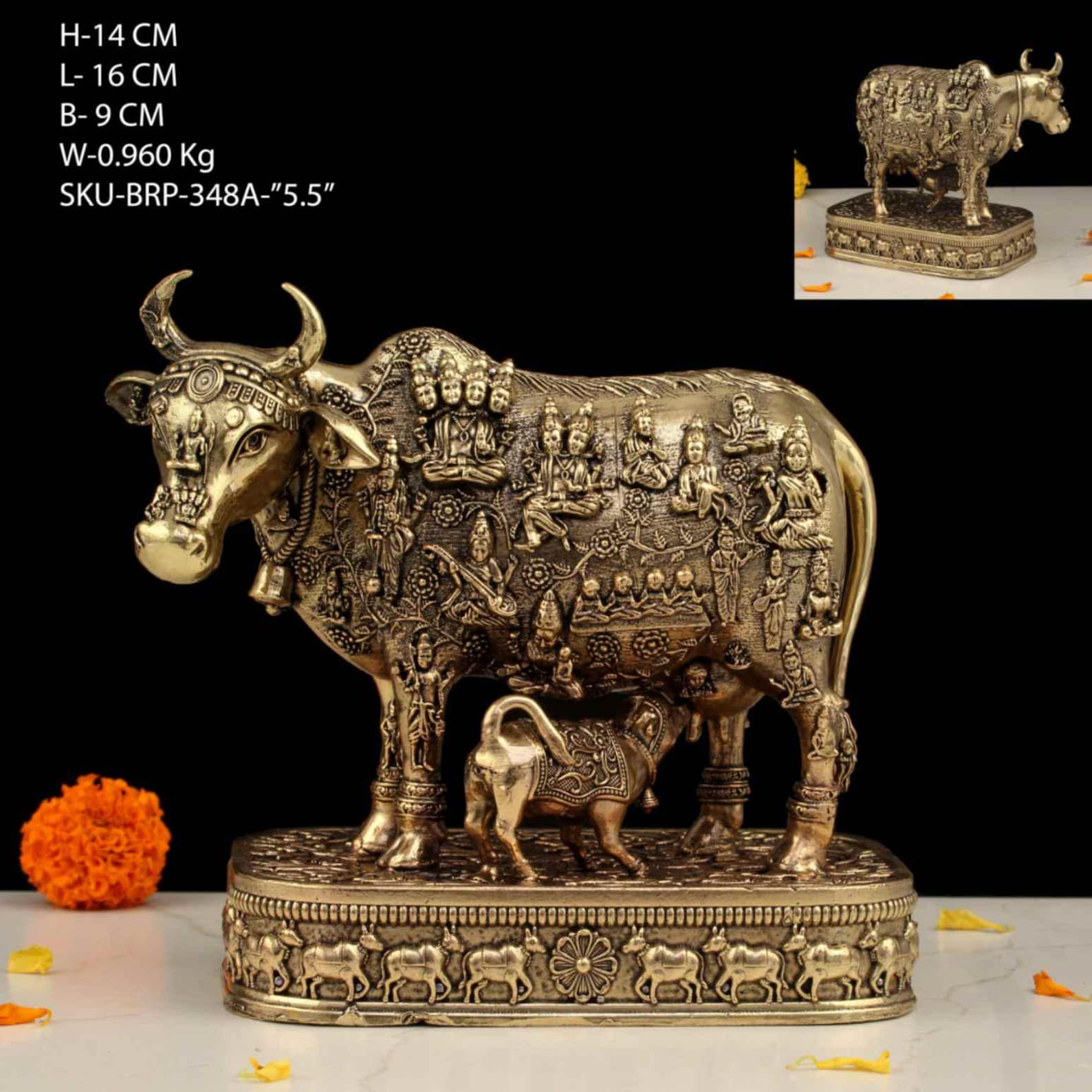 Brass Kamdhenu Cow Idol 5.5 Inch | Engraved Hindu Deity Figurine