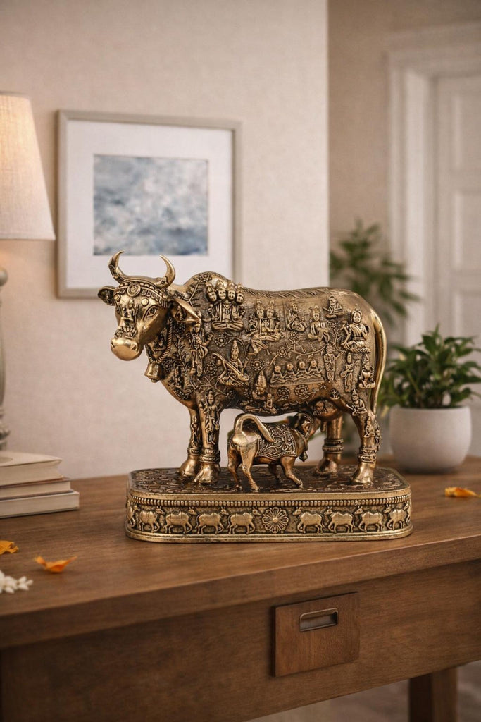 5.5 Inch Brass Kamdhenu Cow with Gods
