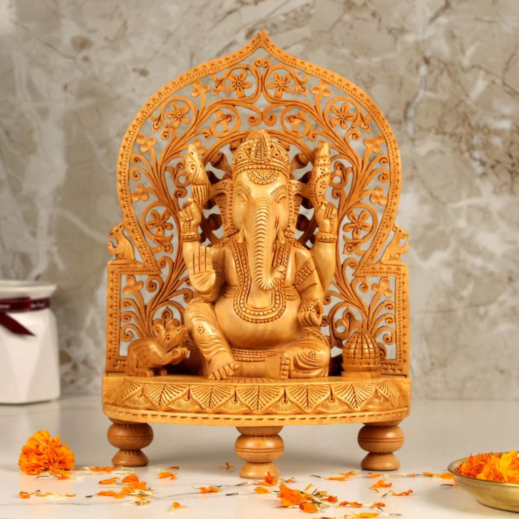 10 Inch Wooden Ganesha Sitting on Base