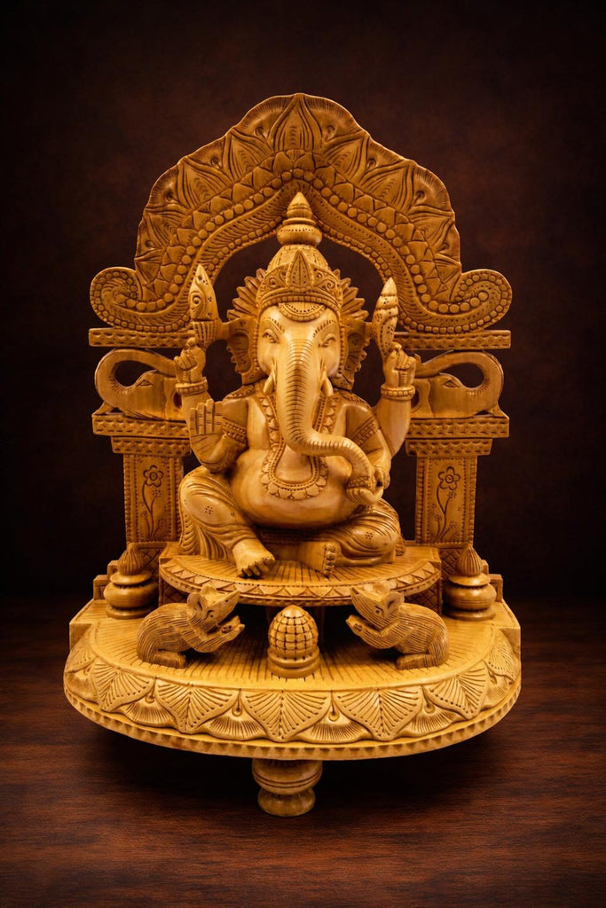 12 Inch Wooden Ganesha Sitting on Base