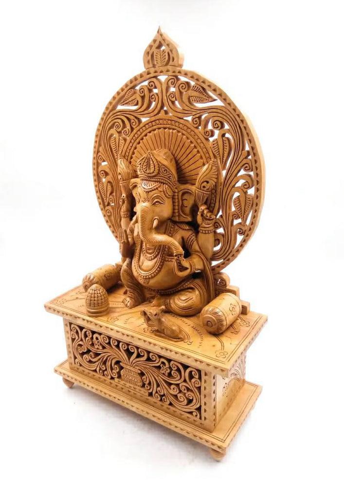 13 Inch Wooden Ganesha Sitting on Undercut Base