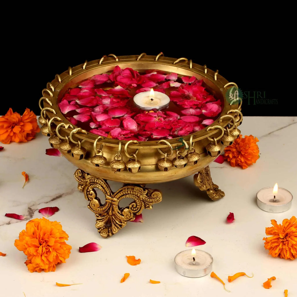 Handcrafted Decorative Brass Urli Bowl with Hanging Bells