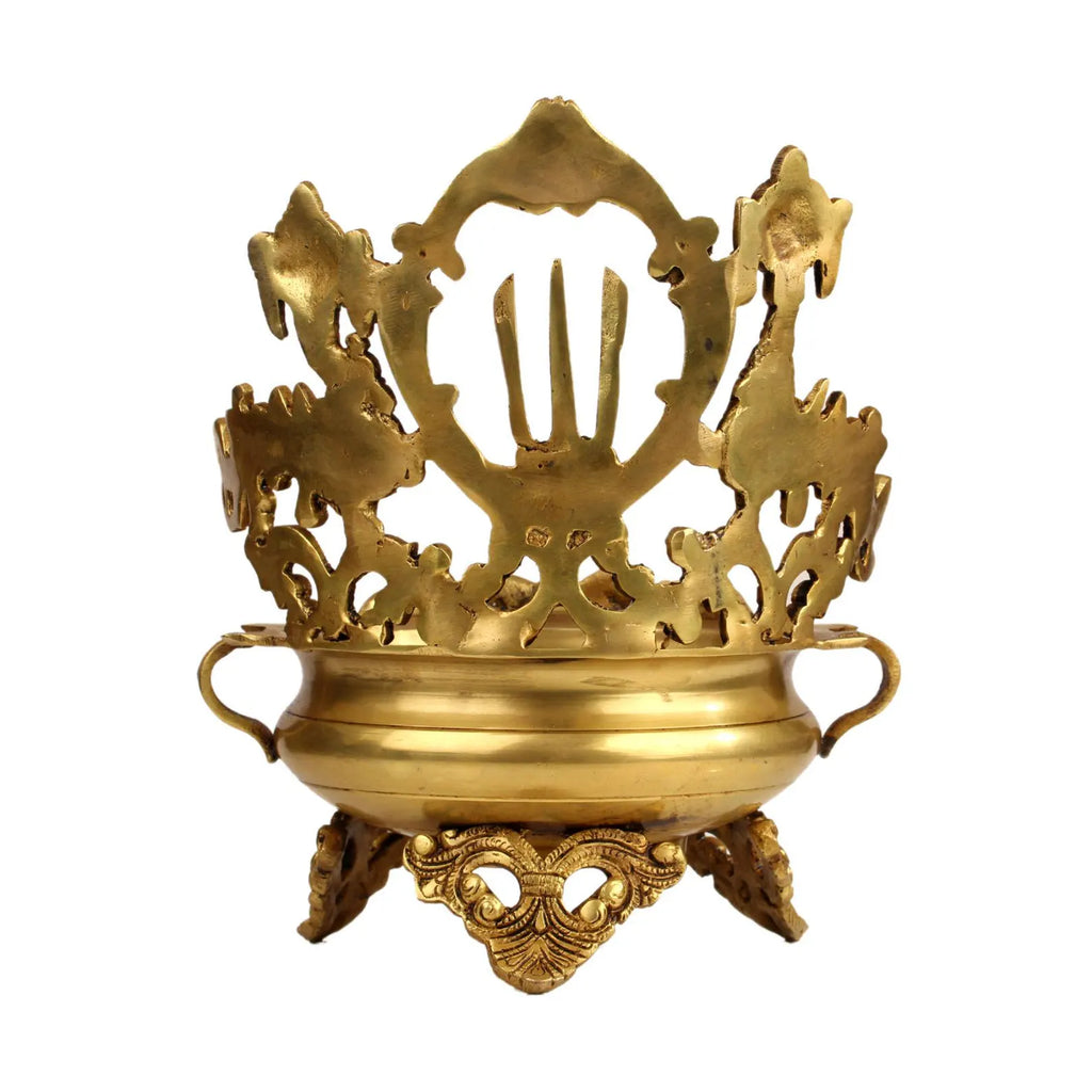Grand Handcrafted Brass Urli with Temple Backdrop