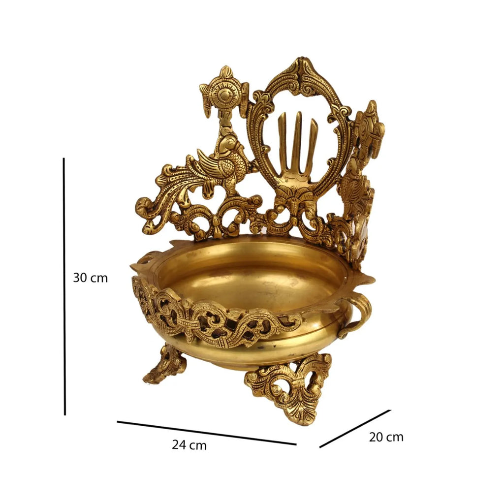 Grand Handcrafted Brass Urli with Temple Backdrop