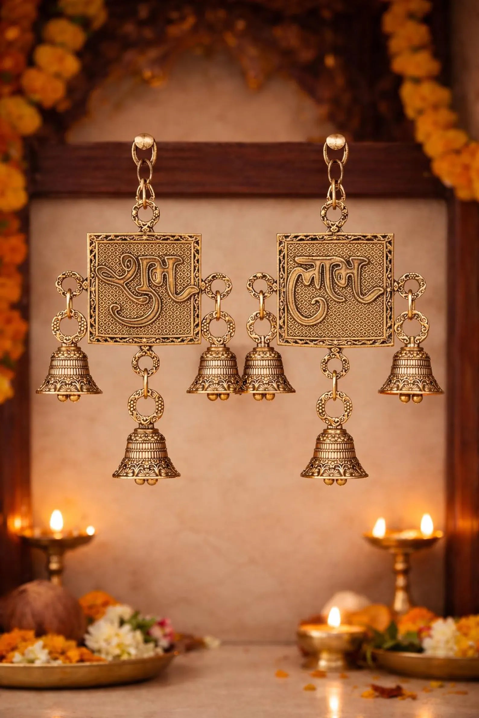 Brass Shubh Labh Wall Hanging with Bells – Auspicious Home Decor for Entrance & Pooja Room