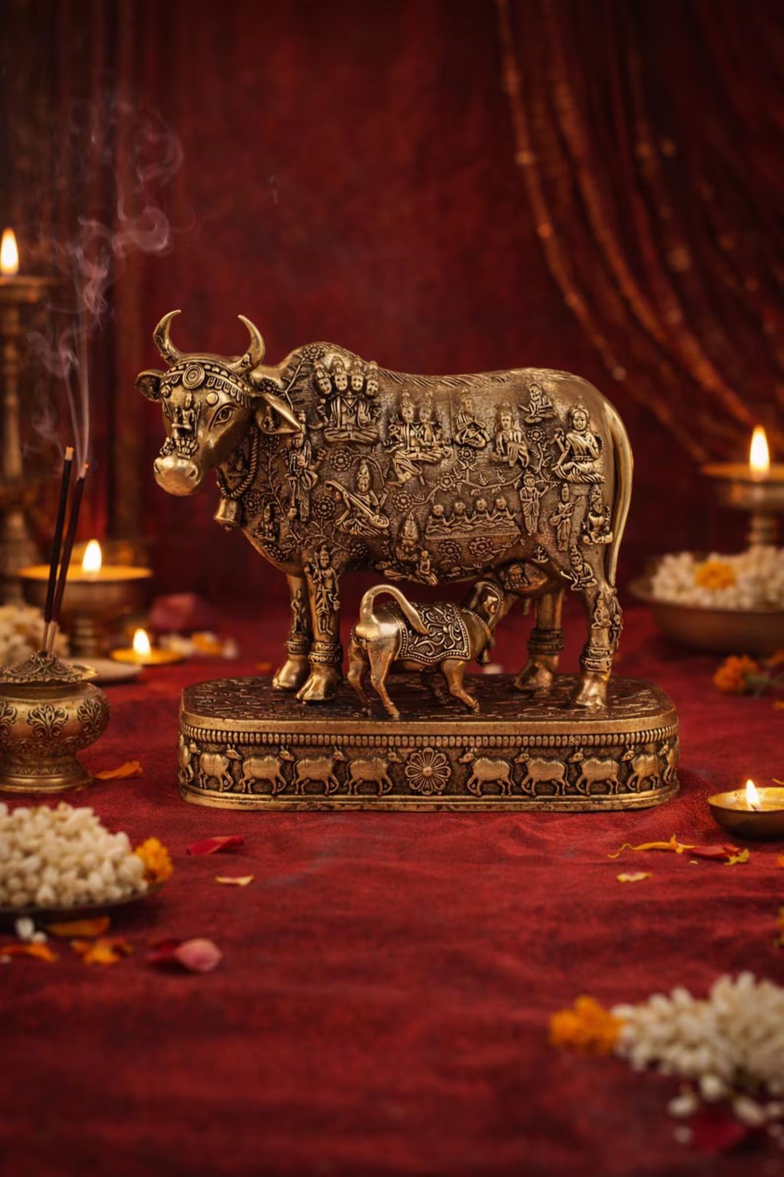Brass Kamdhenu Cow Idol 5.5 Inch | Engraved Hindu Deity Figurine