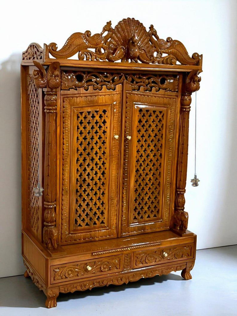 Wooden temple peacock design soli teakwood hand carved traditional Handmade Teakwood Mandir: Customizable Home Temple with Hand Carvings