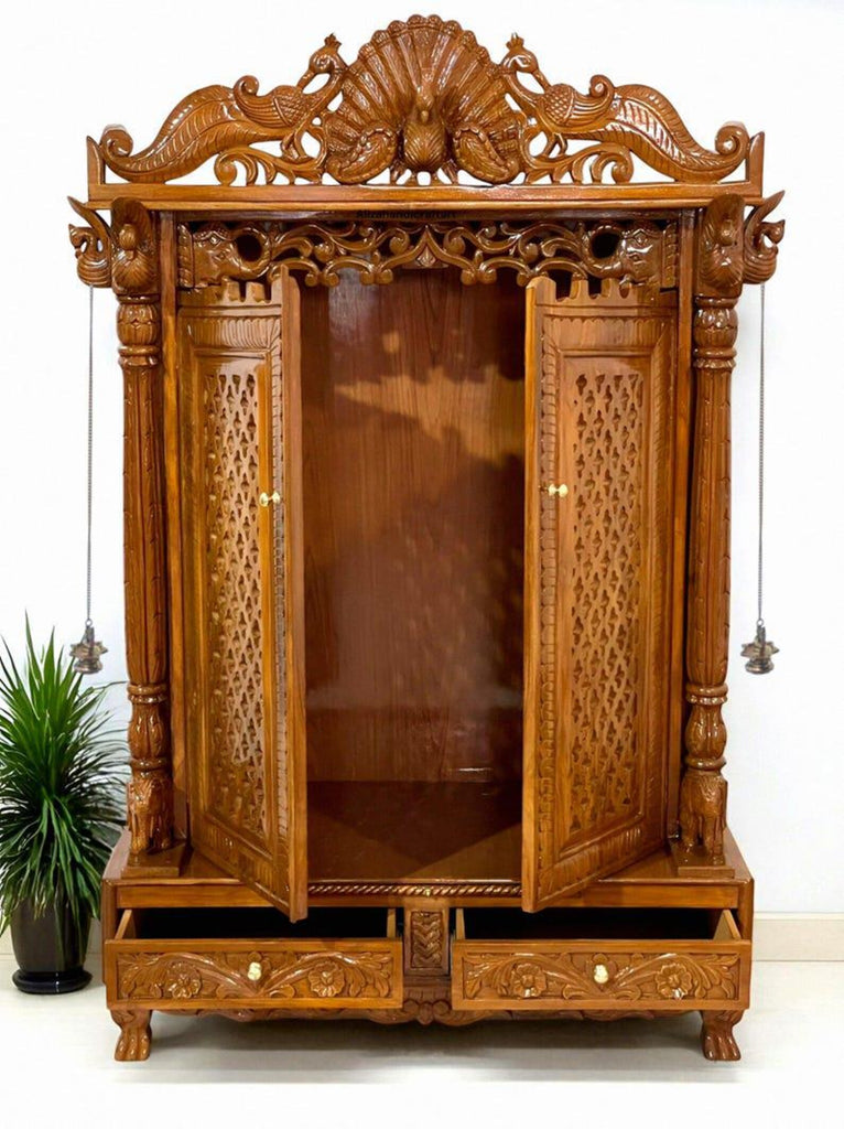 Wooden temple peacock design soli teakwood hand carved traditional Handmade Teakwood Mandir: Customizable Home Temple with Hand Carvings