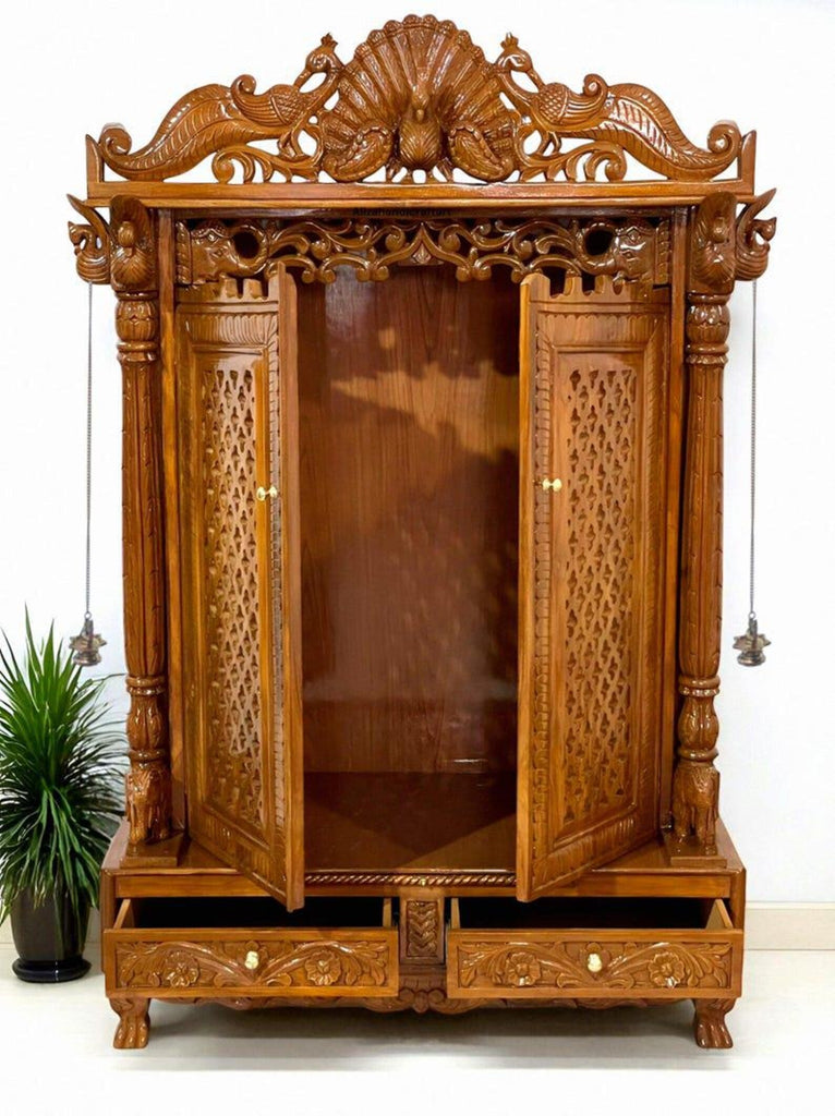 Wooden temple peacock design soli teakwood hand carved traditional Handmade Teakwood Mandir: Customizable Home Temple with Hand Carvings
