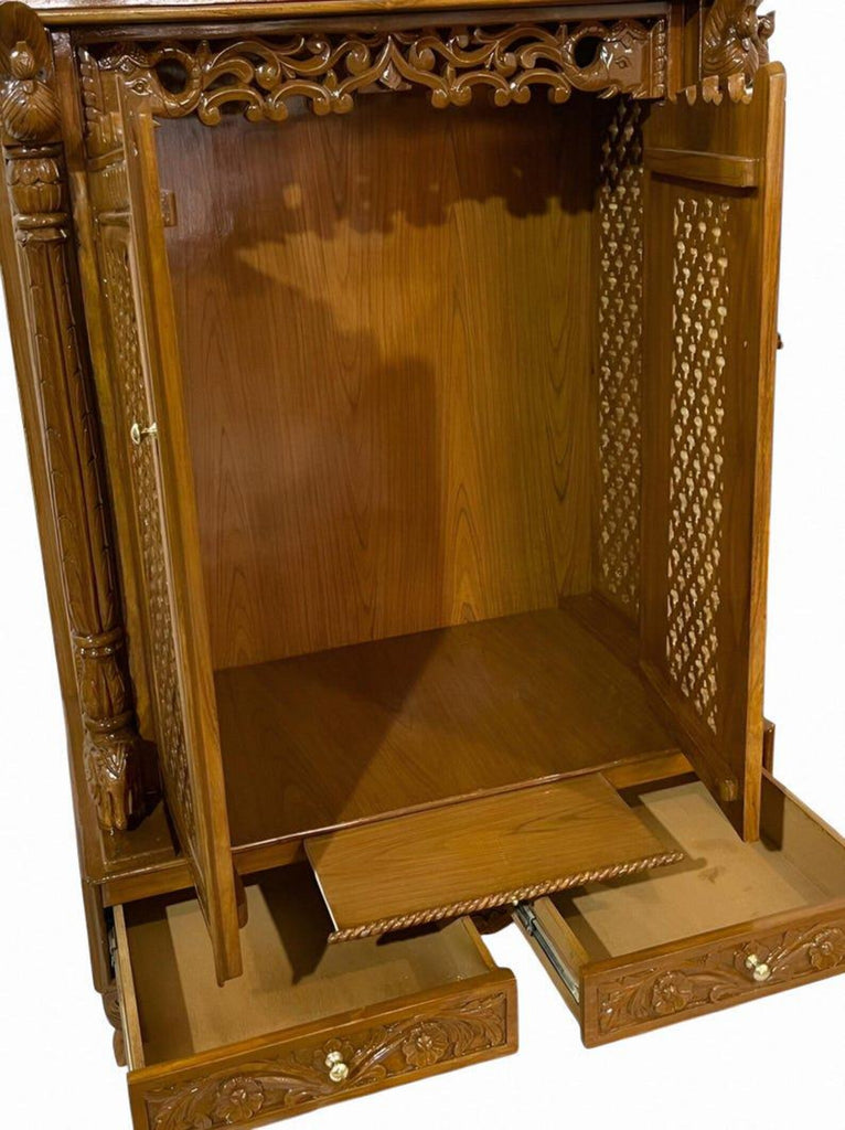 Wooden temple peacock design soli teakwood hand carved traditional Handmade Teakwood Mandir: Customizable Home Temple with Hand Carvings