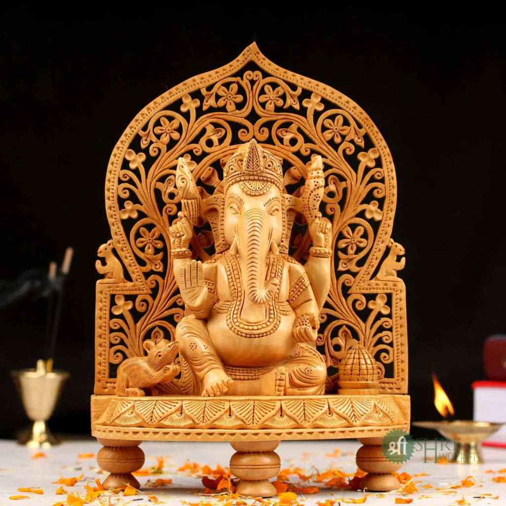 10 Inch Wooden Ganesha Sitting on Base