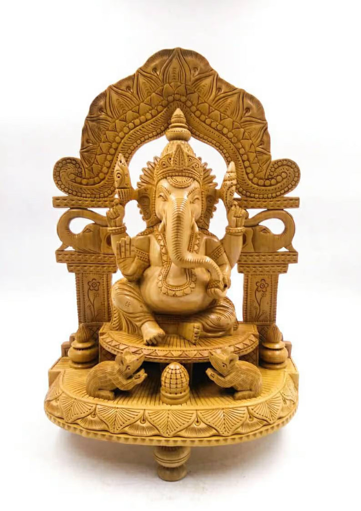 12 Inch Wooden Ganesha Sitting on Base