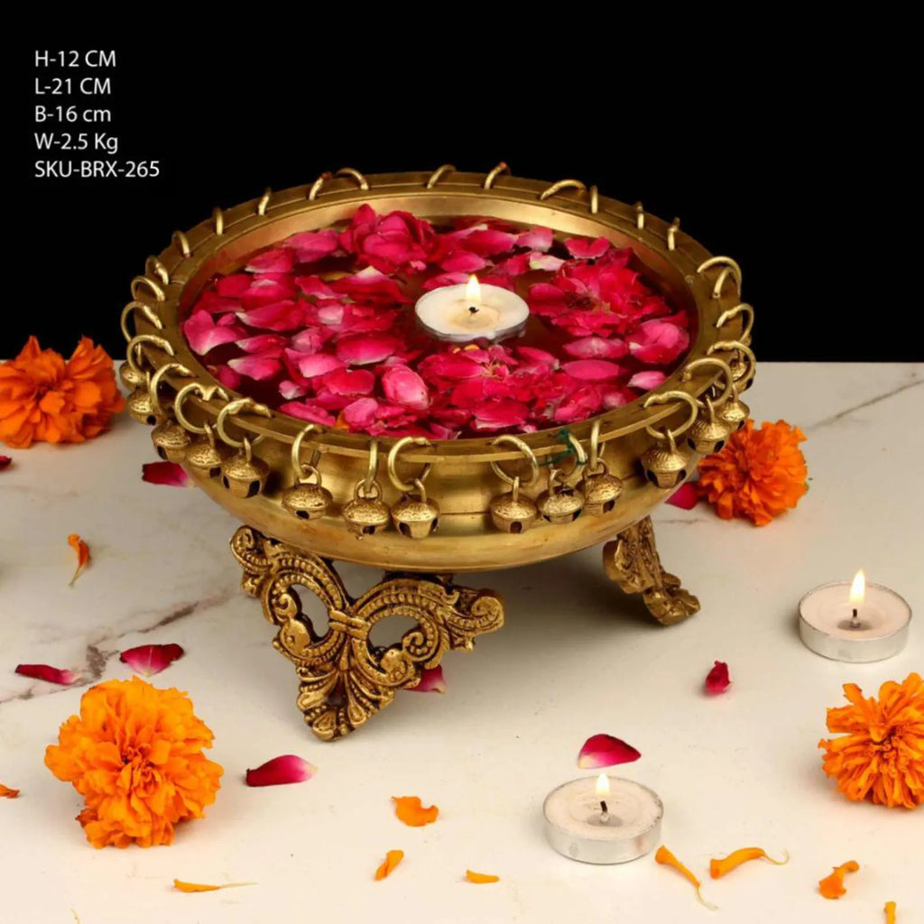 Handcrafted Decorative Brass Urli Bowl with Hanging Bells