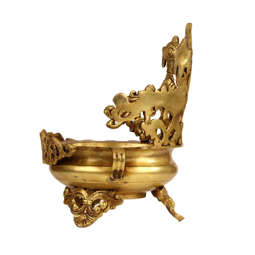 Grand Handcrafted Brass Urli with Temple Backdrop