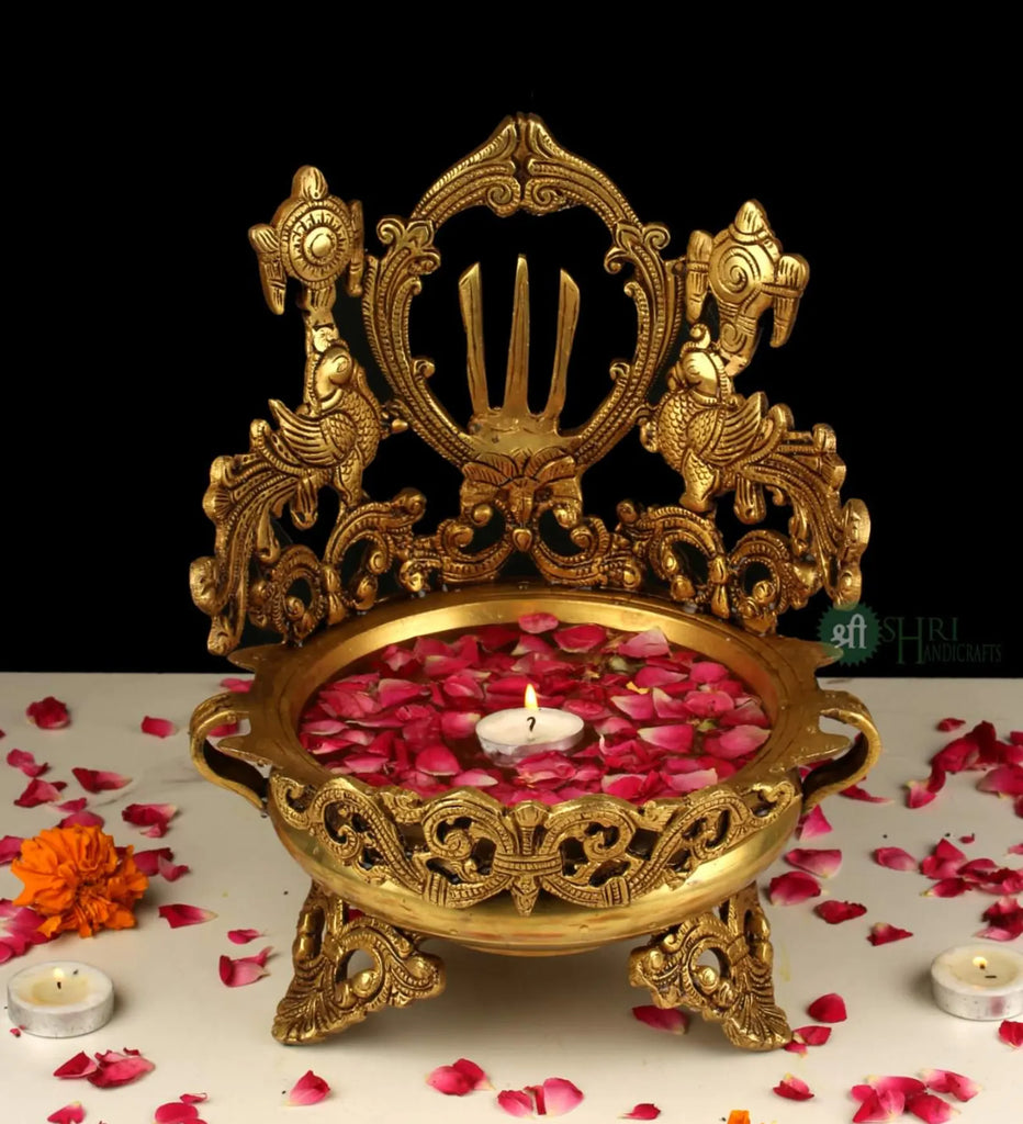 Grand Handcrafted Brass Urli with Temple Backdrop
