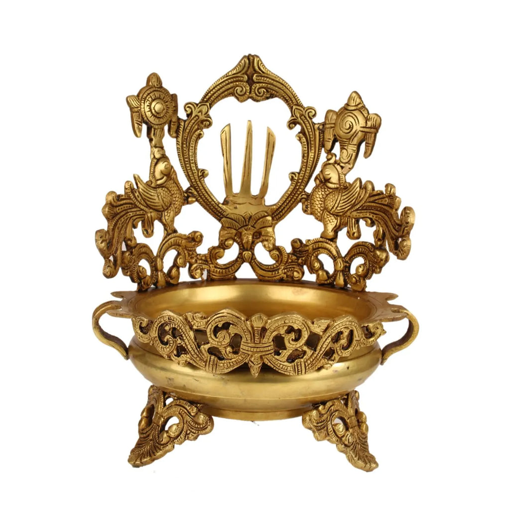 Grand Handcrafted Brass Urli with Temple Backdrop