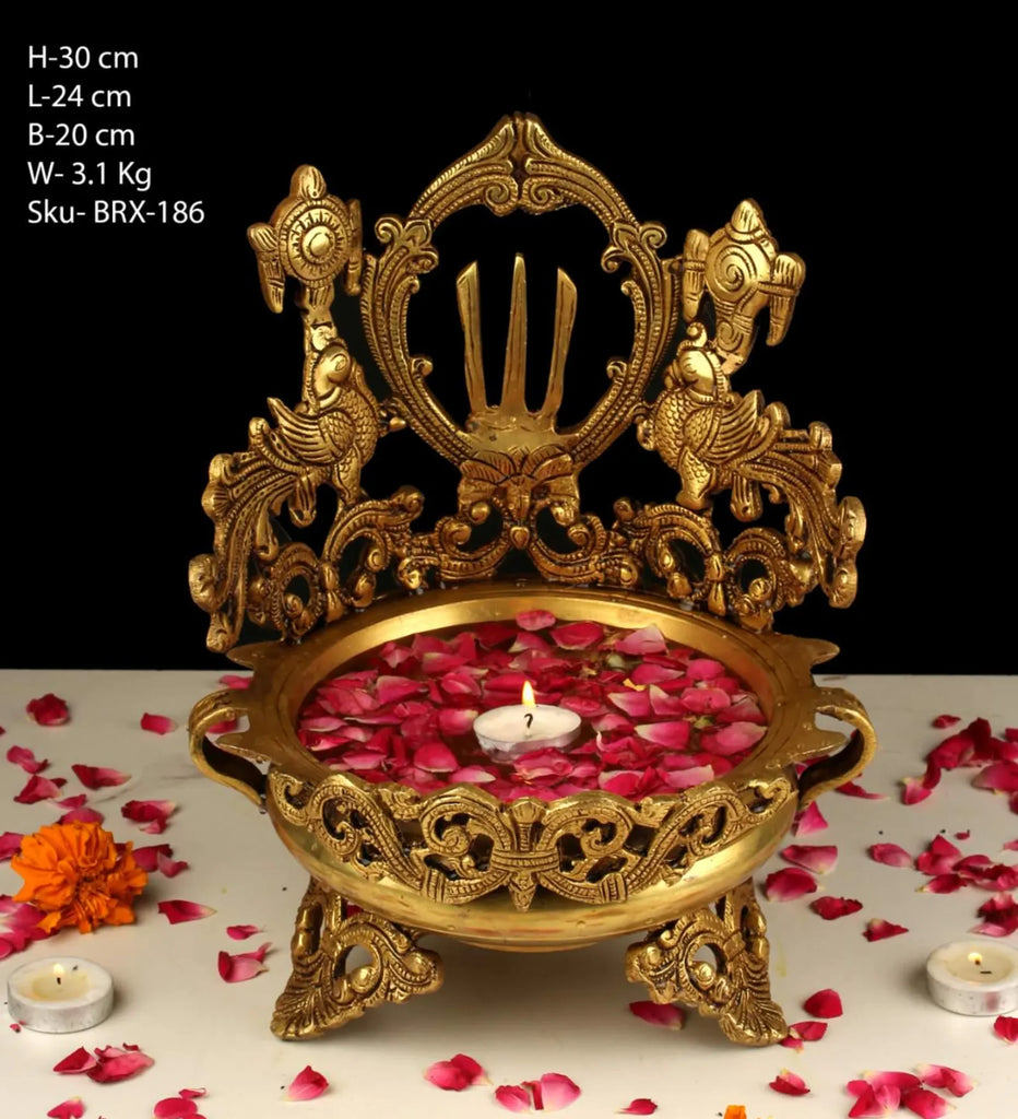 Grand Handcrafted Brass Urli with Temple Backdrop