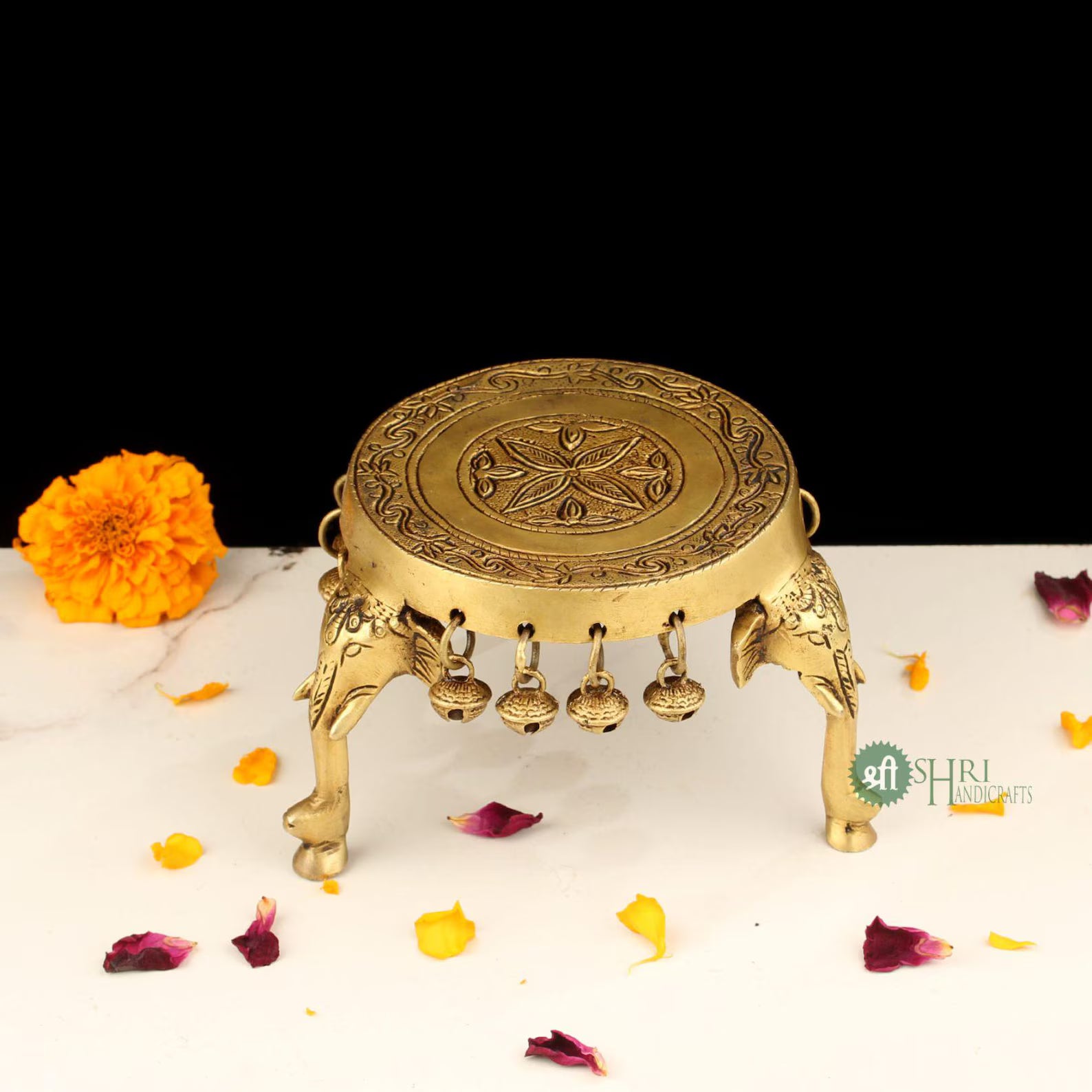 4 Inch Brass Elephant Chowki with Bells for Pooja & Home DÃ©cor