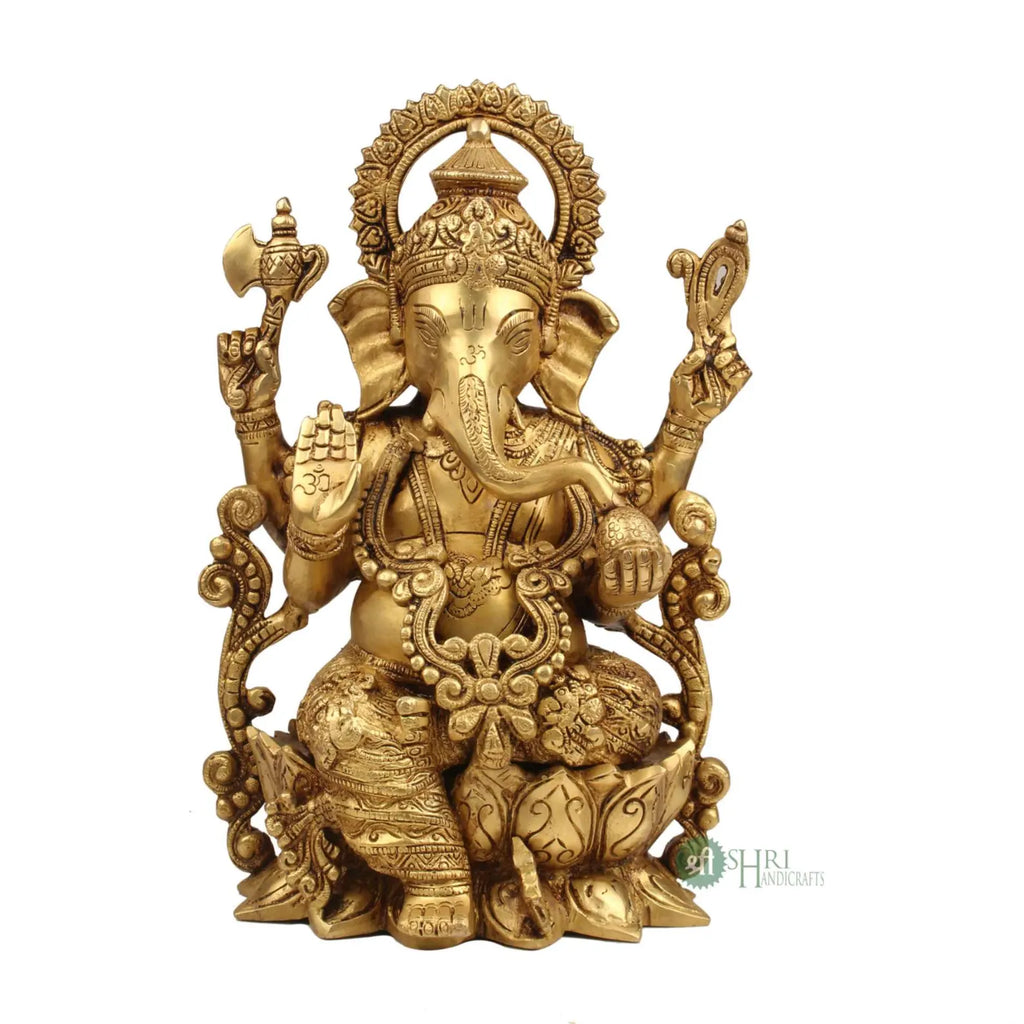 12 Inch Brass Ganesh on Lotus