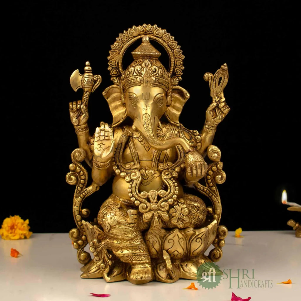 12 Inch Brass Ganesh on Lotus