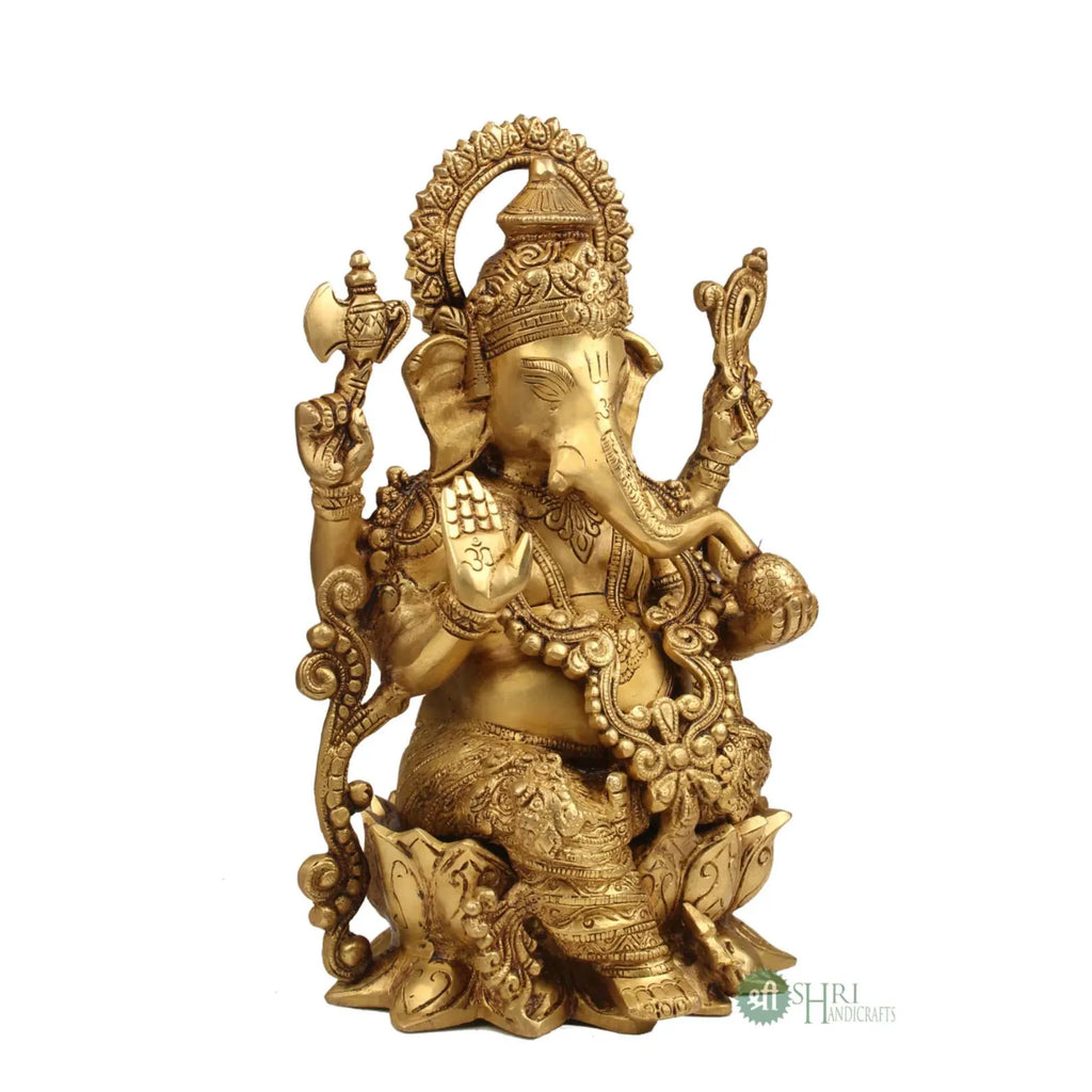 12 Inch Brass Ganesh on Lotus
