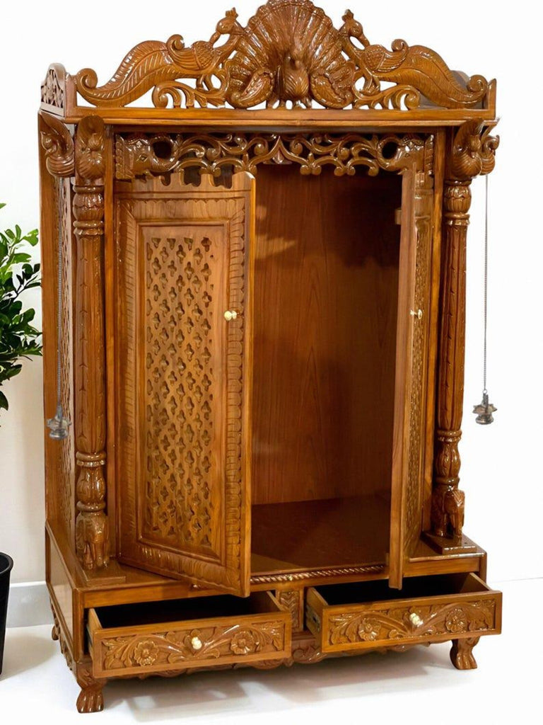 Wooden temple peacock design soli teakwood hand carved traditional Handmade Teakwood Mandir: Customizable Home Temple with Hand Carvings