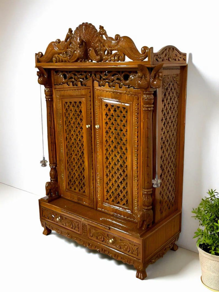 Wooden temple peacock design soli teakwood hand carved traditional Handmade Teakwood Mandir: Customizable Home Temple with Hand Carvings