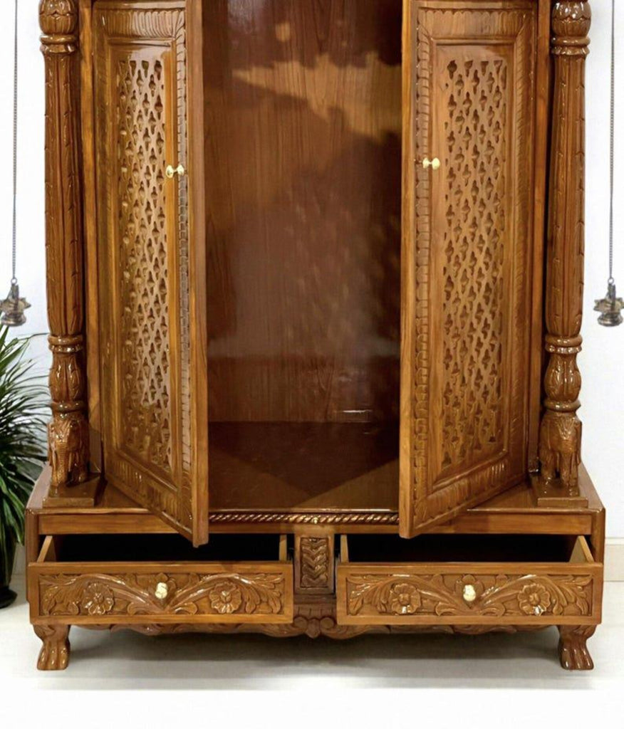 Wooden temple peacock design soli teakwood hand carved traditional Handmade Teakwood Mandir: Customizable Home Temple with Hand Carvings