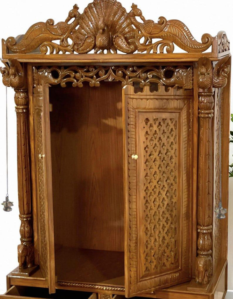 Wooden temple peacock design soli teakwood hand carved traditional Handmade Teakwood Mandir: Customizable Home Temple with Hand Carvings