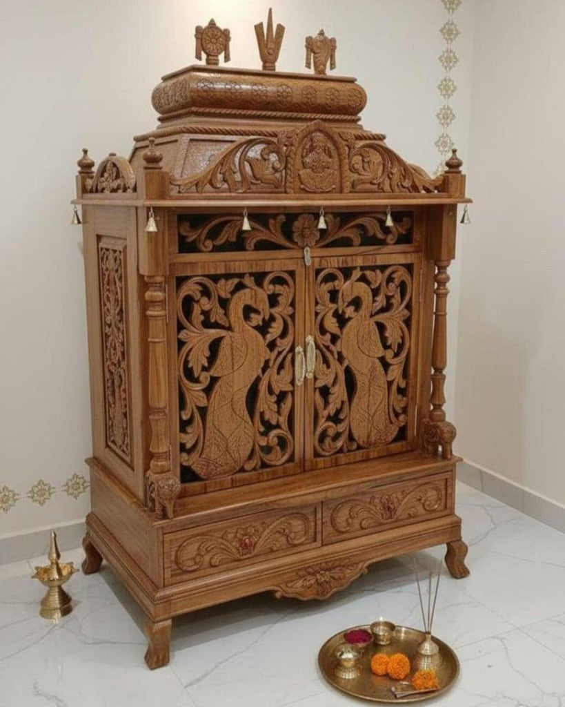 Wooden temple solid teakwood hand carved traditional unique design gift Handmade Teakwood Lakshmi Mandir - Customizable Carved Wooden Temple