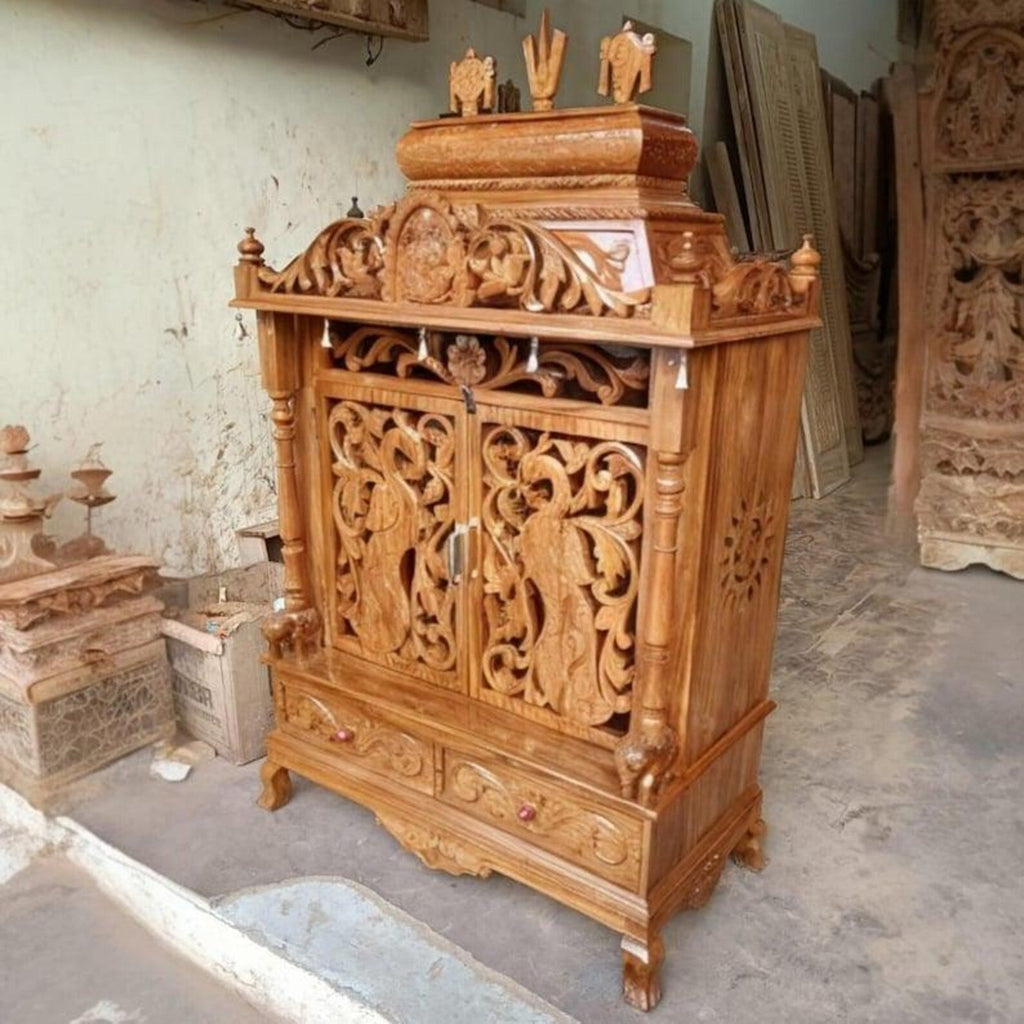Wooden temple solid teakwood hand carved traditional unique design gift Handmade Teakwood Lakshmi Mandir - Customizable Carved Wooden Temple