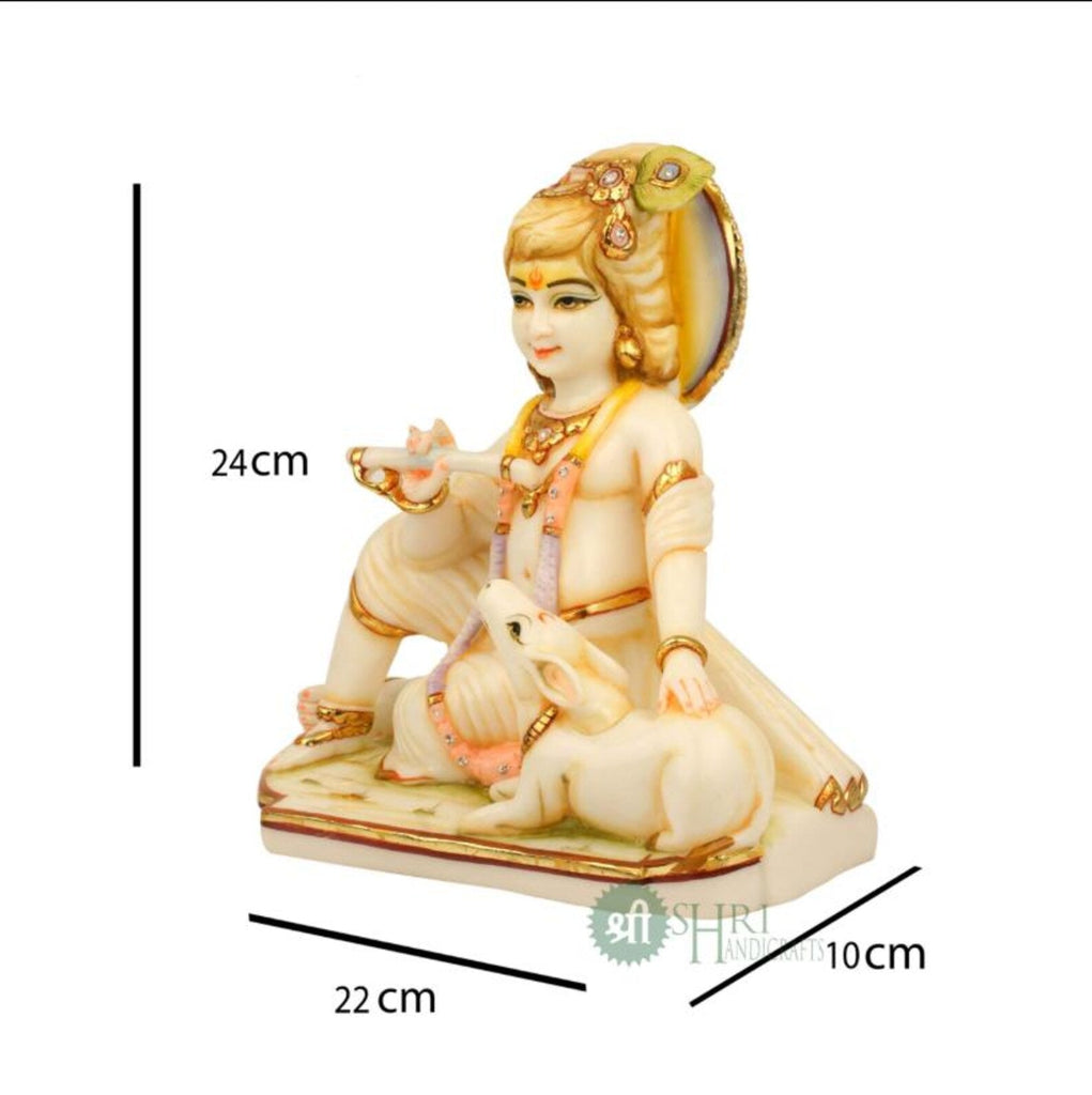 9 Inch Krishna Sitting with Cow Resin Idol