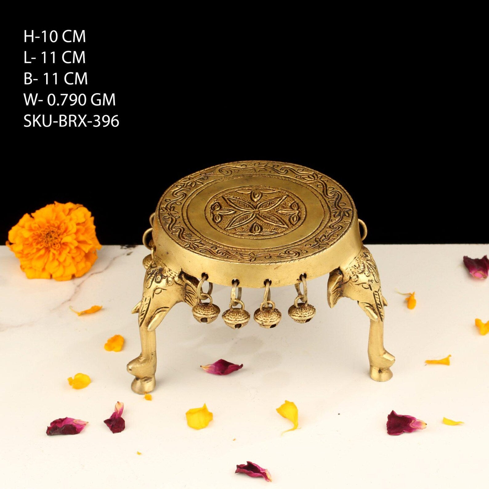 4 Inch Brass Elephant Chowki with Bells for Pooja & Home DÃ©cor