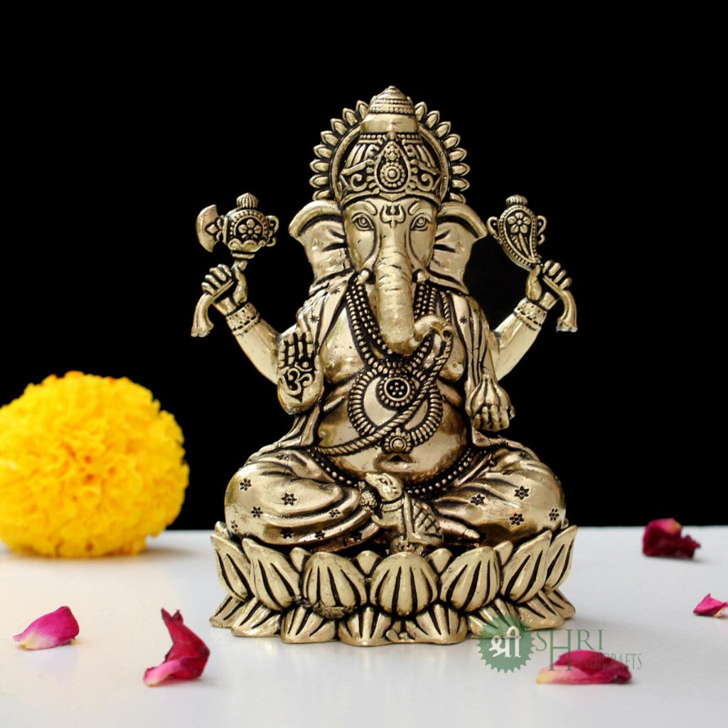 4 Inch Brass Ganesha Idol on Lotus Base