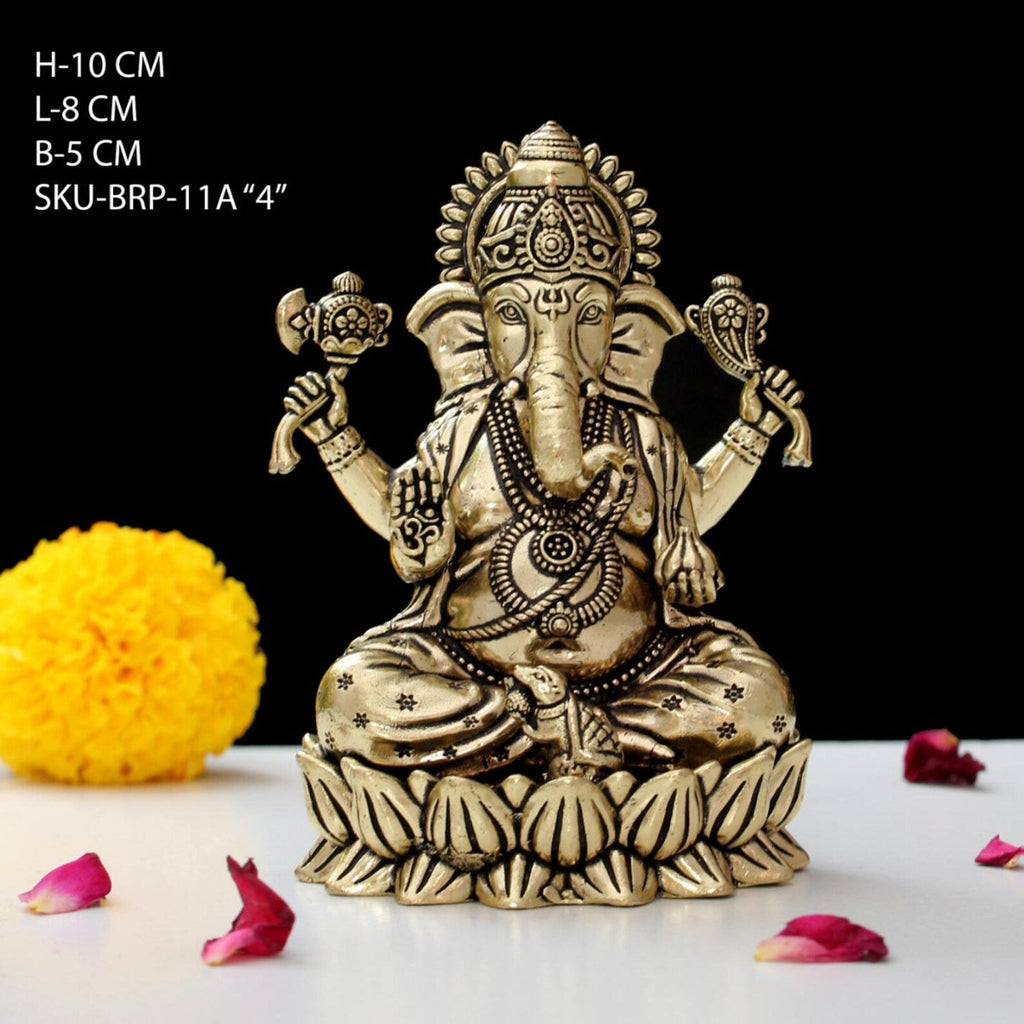 4 Inch Brass Ganesha Idol on Lotus Base