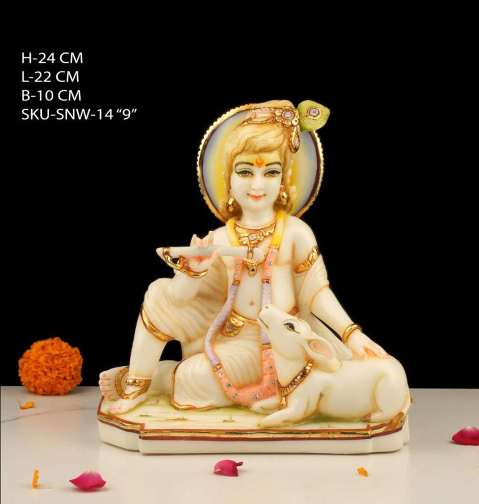 9 Inch Krishna Sitting with Cow Resin Idol
