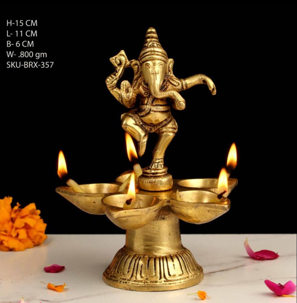 6.5 Inch Dancing Ganesha Brass Oil Lamp for Pooja & Festive Decor