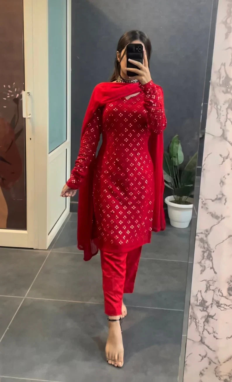 Elegant Red Mirror-Work Kurta Set with Dupatta